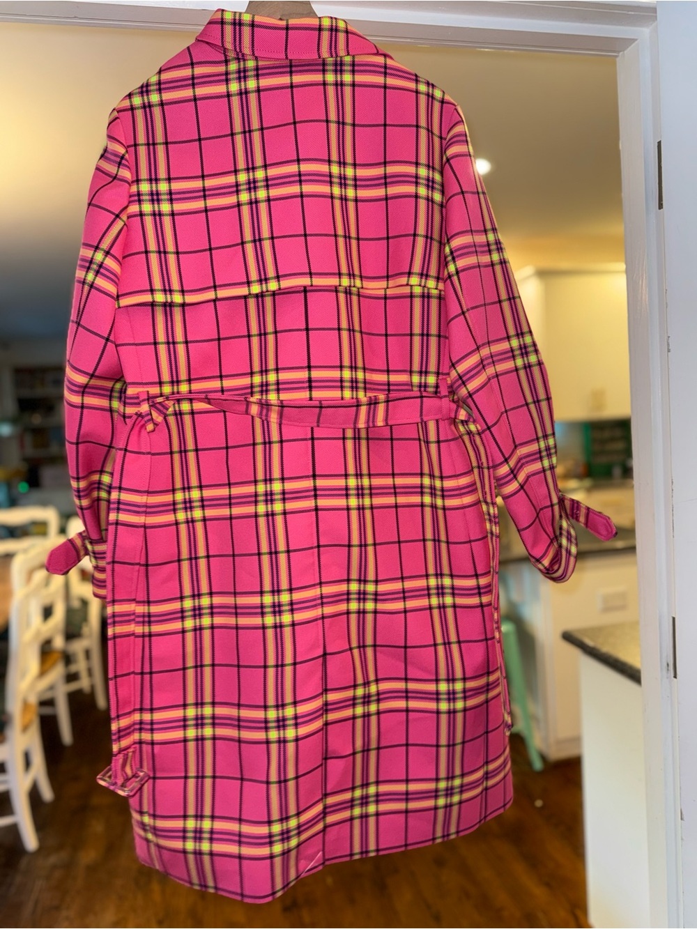 Boden Cheltenham Neon Pink Yellow Plaid Check Trench Coat Double Breasted - Picture 4 of 4